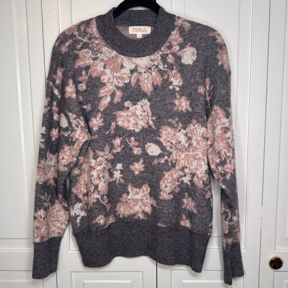 Listicle Gray Skies Floral Sweater, Small, Crew Neck Knit Ribbed Grandmacore - Picture 2 of 13